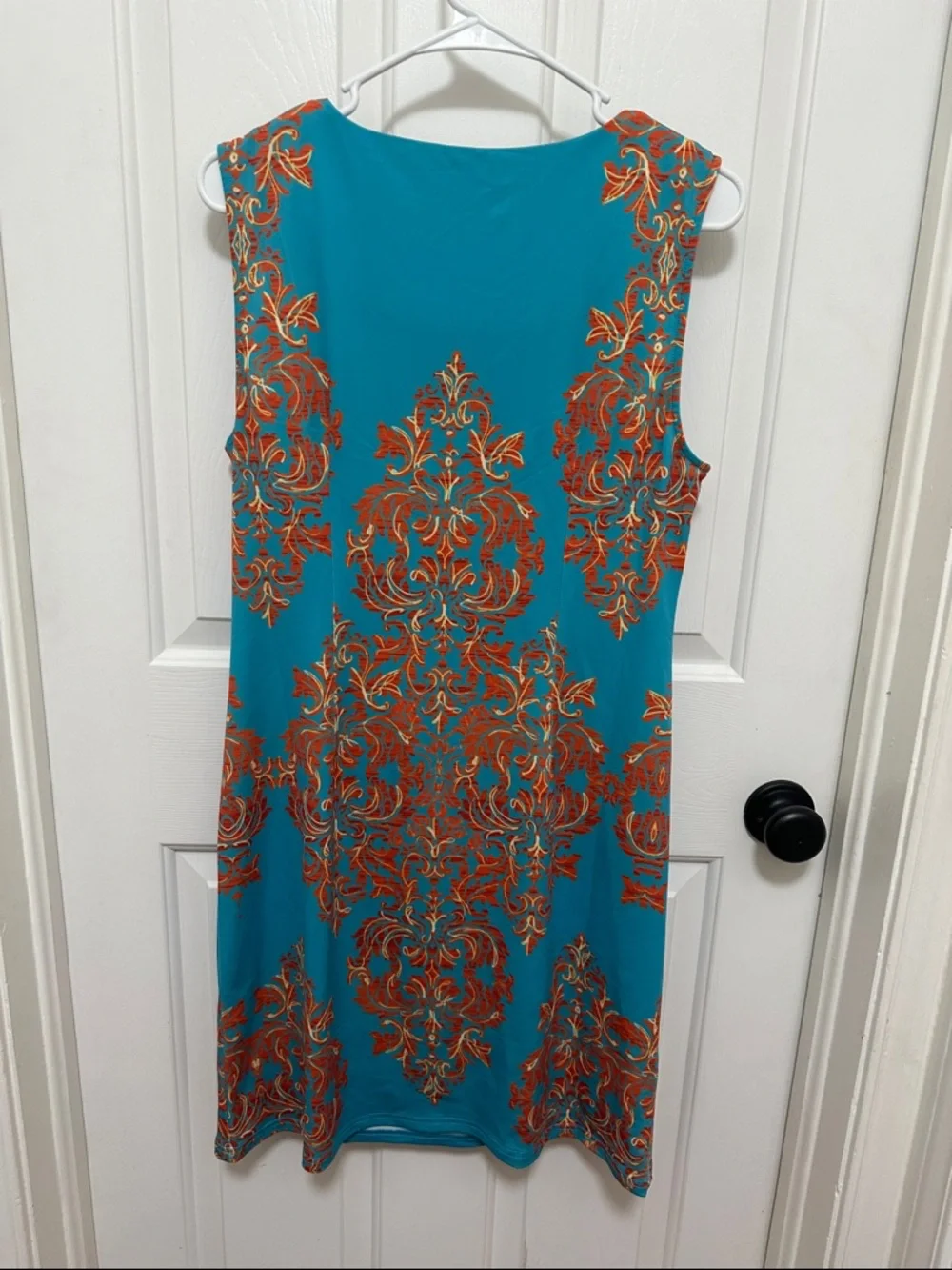 0066 Aryeh Turquoise Sleeveless Dress with Orange Damask Print women’s medium - Picture 6 of 6